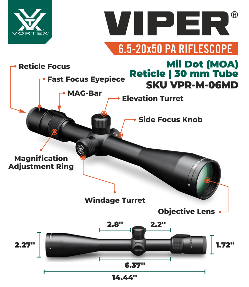 Vortex Optics Viper 6.5-20x50 PA SFP Riflescope Mil-Dot MOA, 30mm Tube with Pro 30mm High Rings (1.18in) and Free Hat Bundle