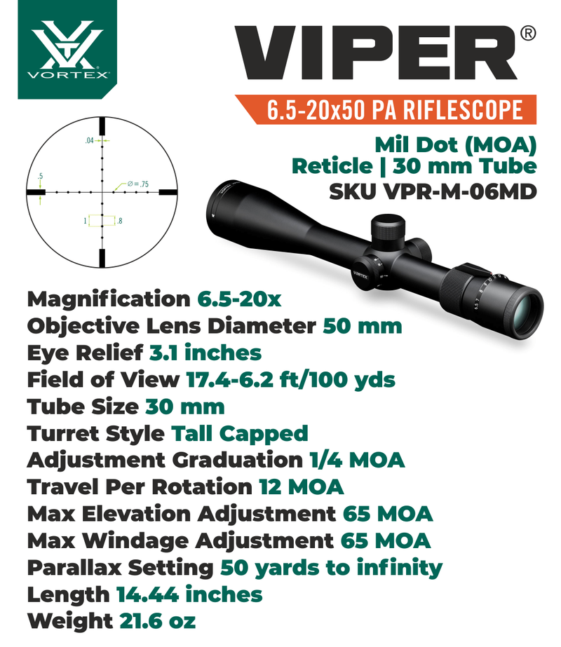 Vortex Optics Viper 6.5-20x50 PA SFP Riflescope Mil-Dot MOA, 30mm Tube with Wearable4U Bundle