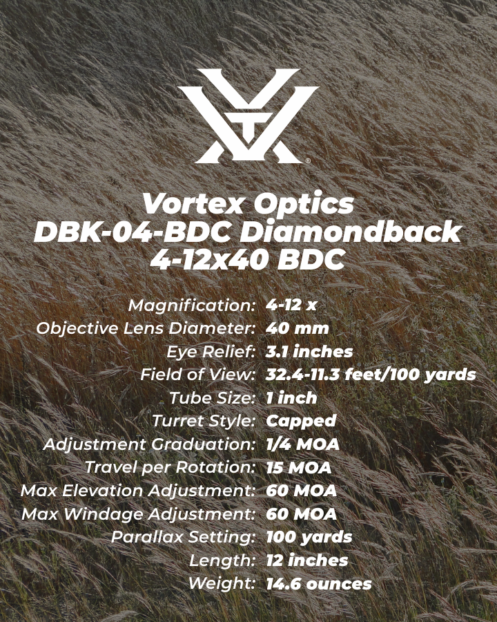 Vortex Optics DBK-04-BDC Diamondback 4-12x40 BDC with Vortex Optics Hat Bundle