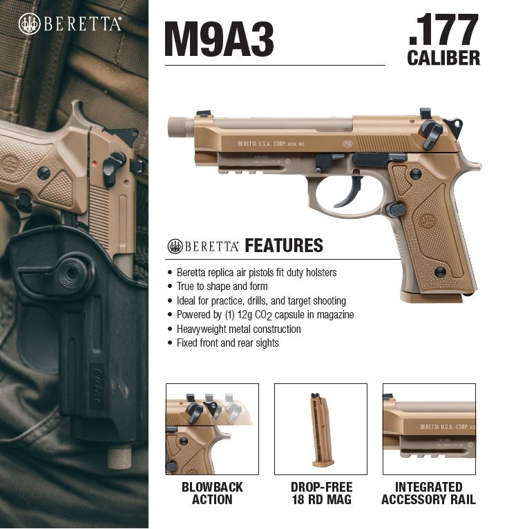 Umarex Beretta M9A3 Blowback Air Gun with Wearable4U Hard Case and Pack of 1500ct Steel BBs Bundle (+Case +BBs)