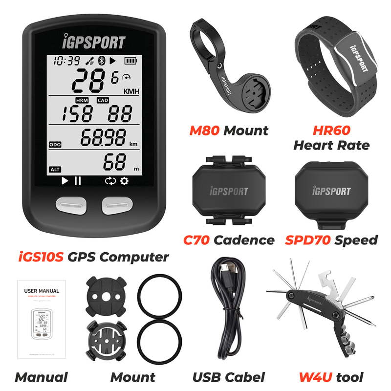 iGPSPORT iGS10S GPS Bluetooth/ANT+ Cycling Computer with HR60 Heart Rate, M80 Mount, SPD70 Speed and CAD70 Cadence Sensors and Bike Multi-Tool Bundle