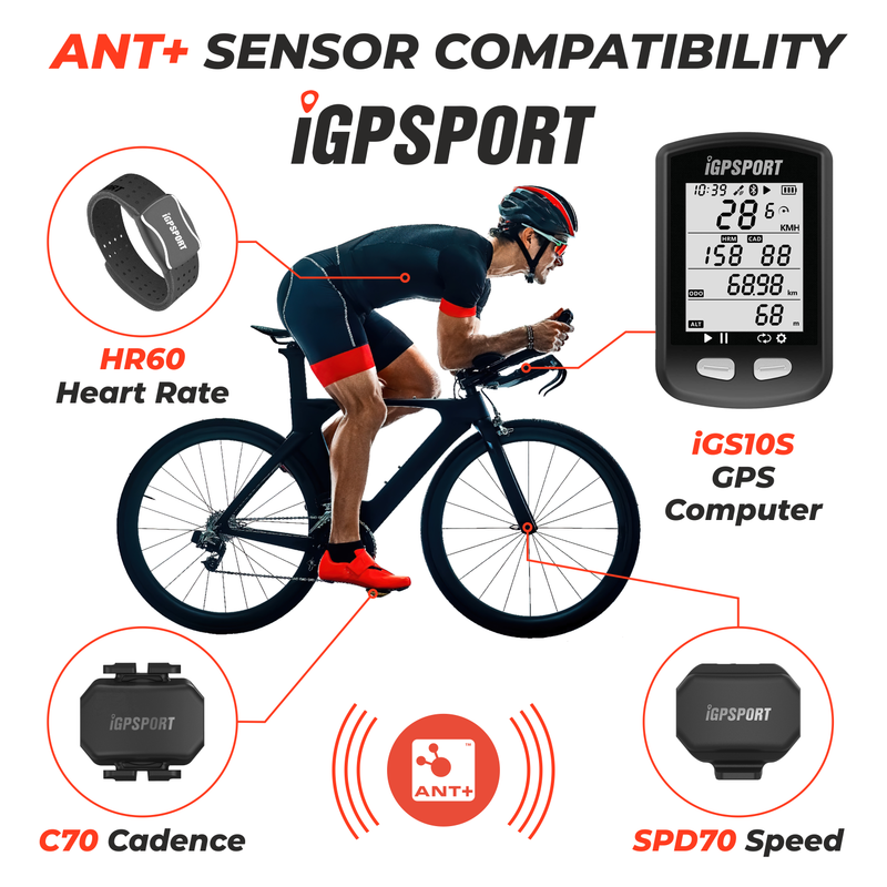iGPSPORT iGS10S GPS Bluetooth/ANT+ Cycling Computer with HR60 Heart Rate, M80 Mount, SPD70 Speed and CAD70 Cadence Sensors and Bike Multi-Tool Bundle