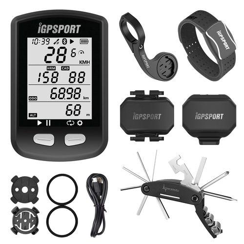 iGPSPORT iGS10S GPS Bluetooth/ANT+ Cycling Computer with HR60 Heart Rate, M80 Mount, SPD70 Speed and CAD70 Cadence Sensors and Bike Multi-Tool Bundle