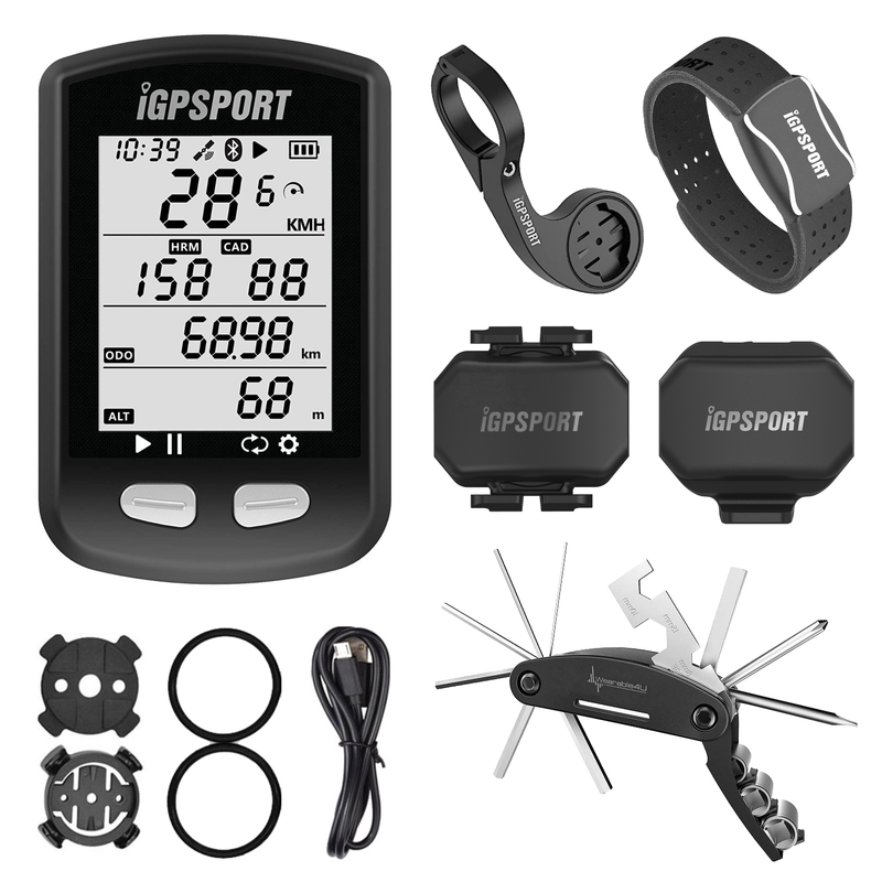 iGPSPORT iGS10S GPS Bluetooth/ANT+ Cycling Computer with HR60 Heart Rate, M80 Mount, SPD70 Speed and CAD70 Cadence Sensors and Bike Multi-Tool Bundle