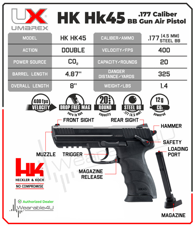 Umarex HK Heckler & Koch HK45 CO2 .177 Caliber BB Gun Air Pistol with Wearable4U Bundle
