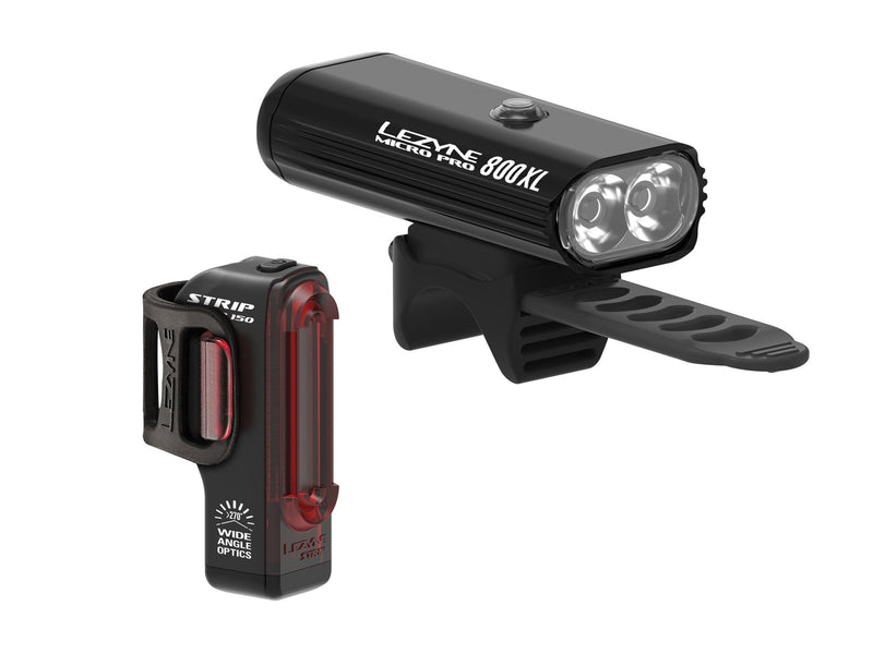 LEZYNE Micro Pro 800XL & Strip Drive Bicycle Light Pair, Head 800 Lumens, Rear 150 Lumens, USB Rechargeable, Bike Light Combo Set