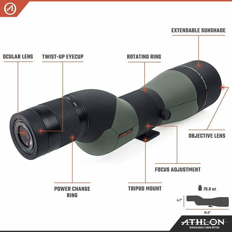 Athlon Optics Argos 20-60×85 HD Straight Angle Spotting Scope with included Wearable4U Lens Cleaning Pen and Lens Cleaning Cloth Bundle