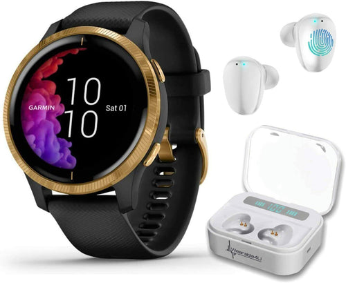 Garmin Venu GPS Smartwatch with AMOLED Display and Wearable4U Ultimate White EarBuds with Charging Power Bank Case Bundle (Black/Gold)