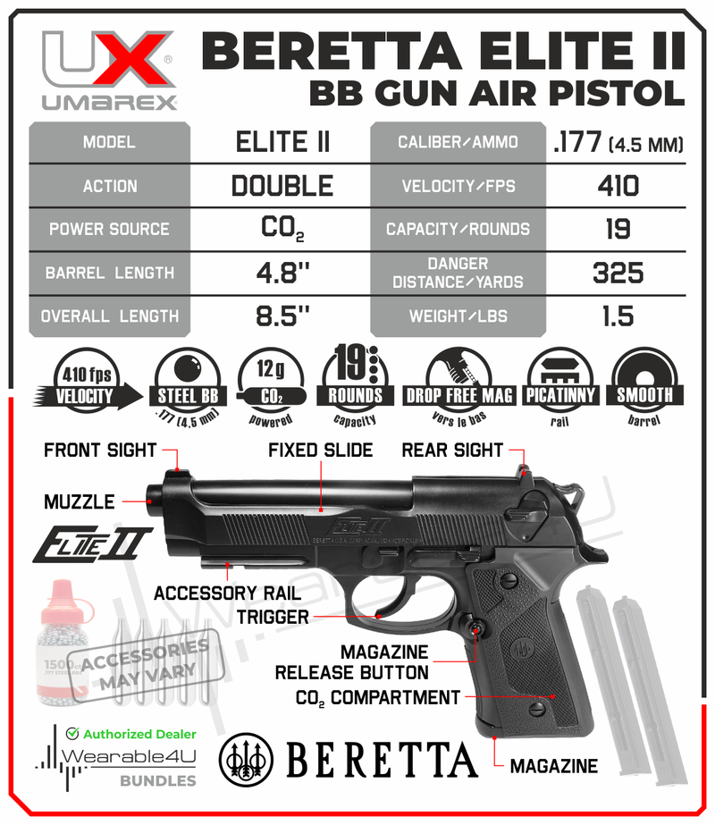 Umarex Beretta Elite II Airgun .177 Cal 19rds CO2 Air Pistol with Wearable4U Bundle