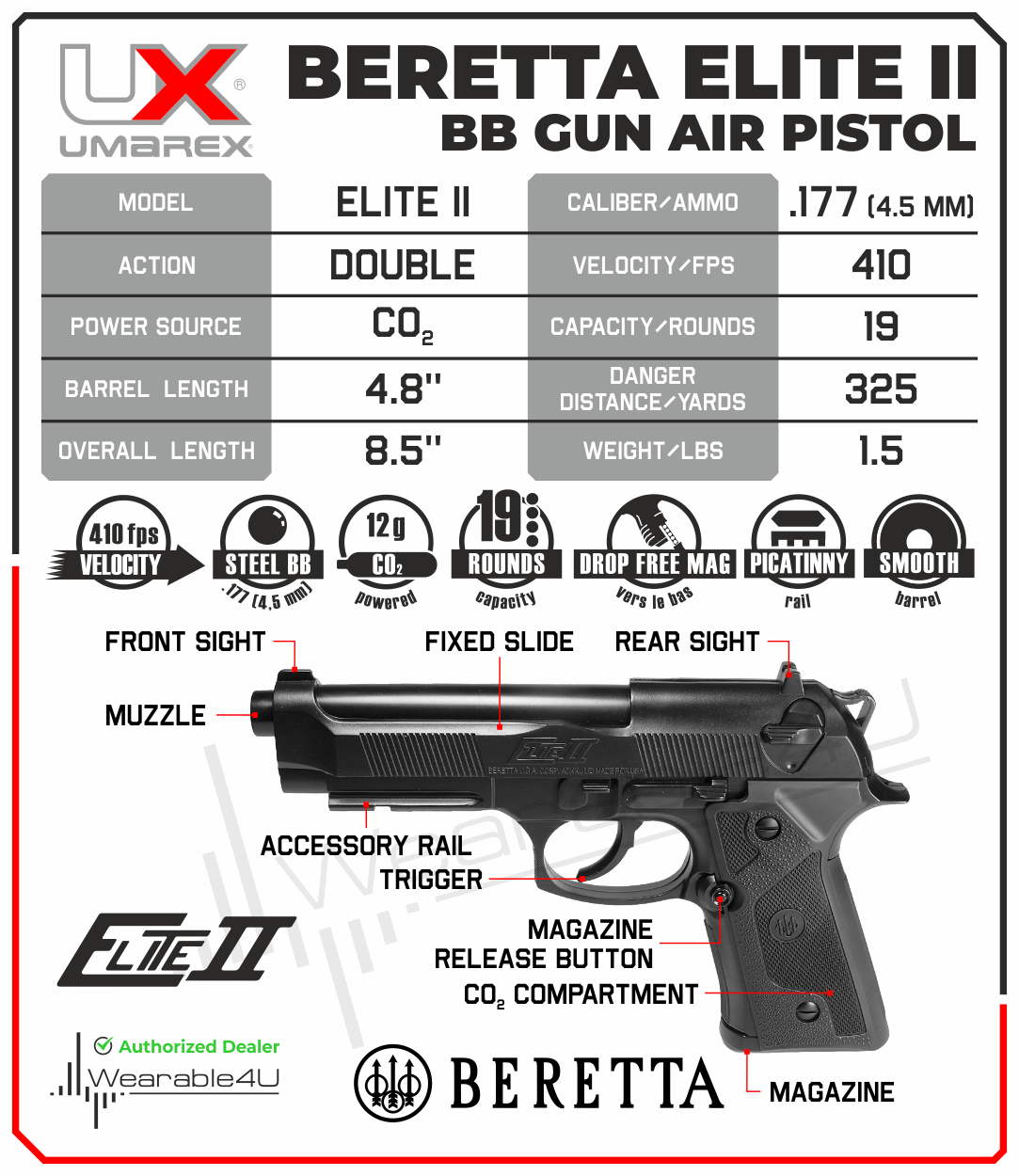 Pistolet Beretta Elite II 2 Co2 Noir 2 Joules - Noir