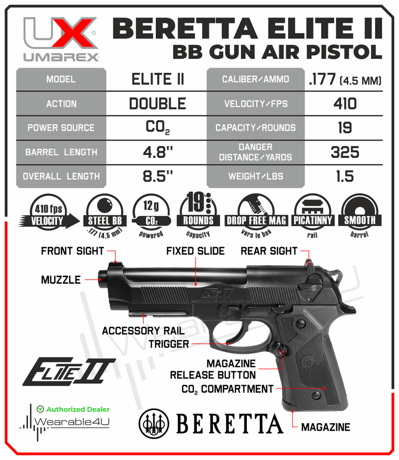 Umarex Beretta Elite II .177 Caliber 19rds CO2 Semiautomatic Air Pistol
