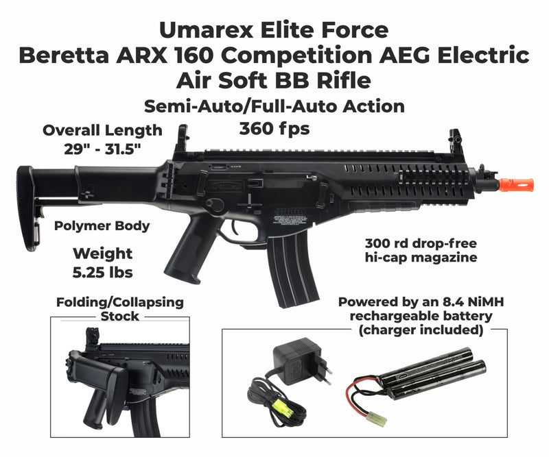 Umarex Beretta ARX160 AEG Competition Electric Competition CO2 AirSoft BB Rifle with Included Wearable4U Pack of 1000ct BBs Bundle (Black)