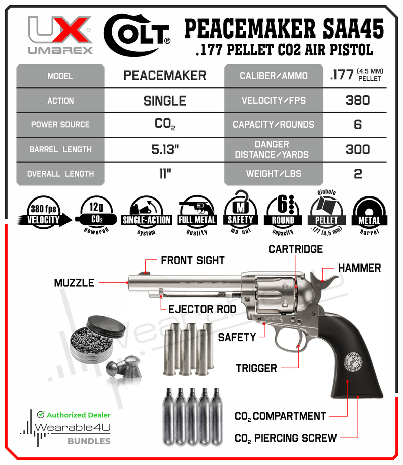 Umarex Colt Peacemaker SAA45 Air Revolver with 5x12g CO2 and Wearable4U Pack of 500 Pellets Bundle