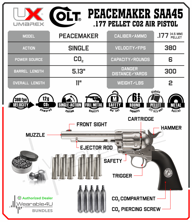 Umarex Colt Peacemaker SAA45 Air Revolver with 5x12g CO2 and Extra Catridges and Wearable4U Pack of 500 Pellets Bundle